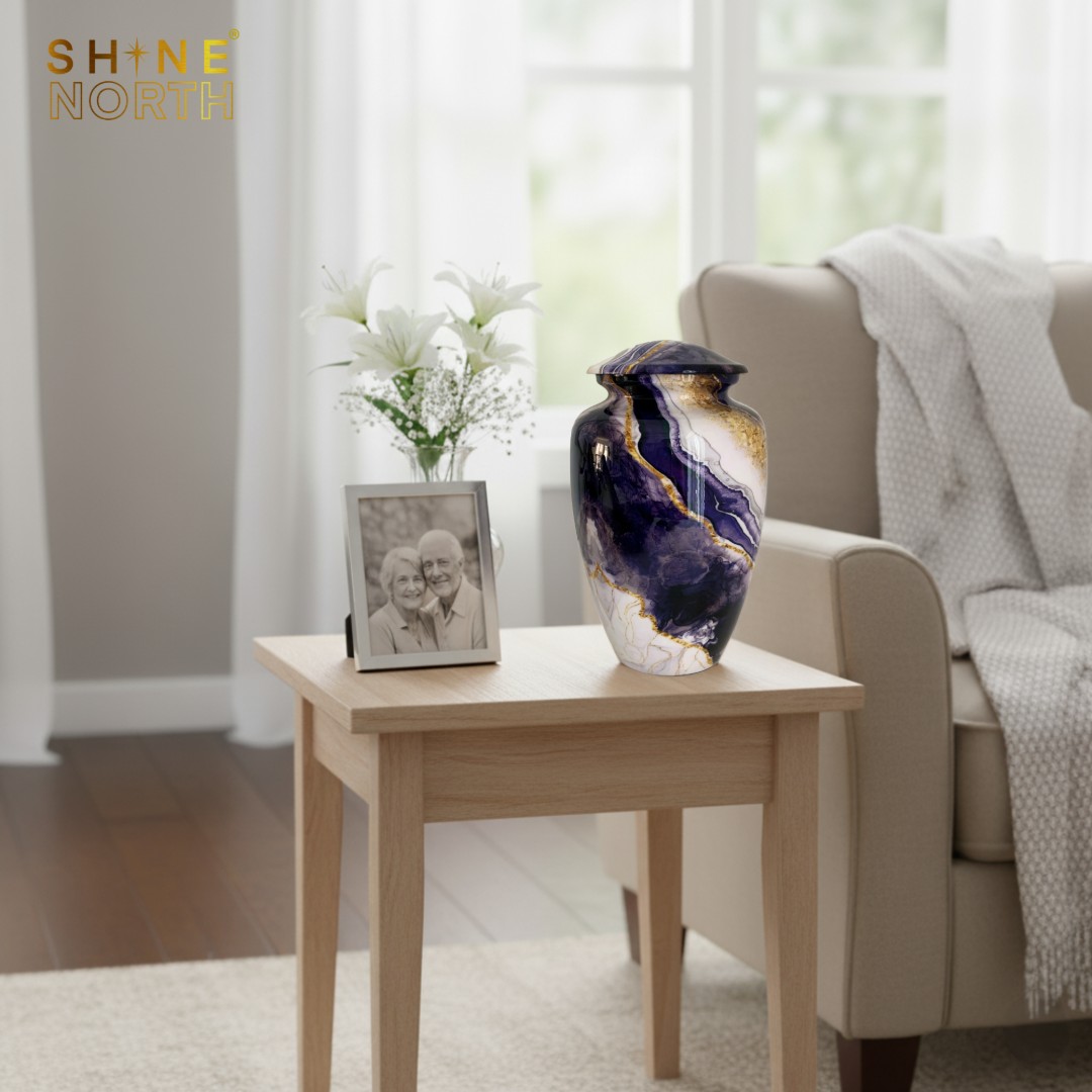 Dream River Cremation Urn displayed on a side table near soft window light with calm home setting.
