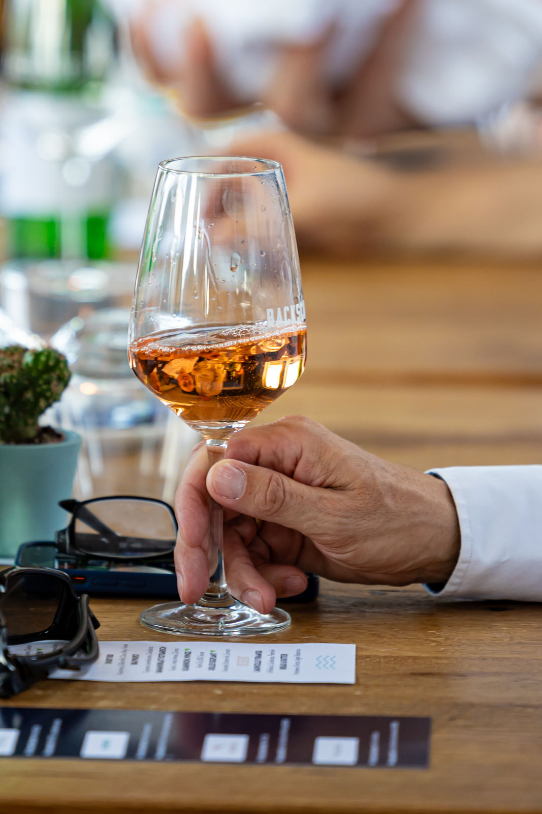 Hand holding a wine glass filled with rosé wine over a wooden table with glasses, papers, and a small potted cactus.