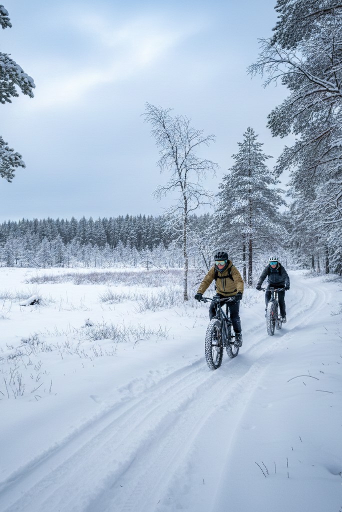 Ryhmä ihmisiä ajamassa sähköfatbikeilla metsäpolulla