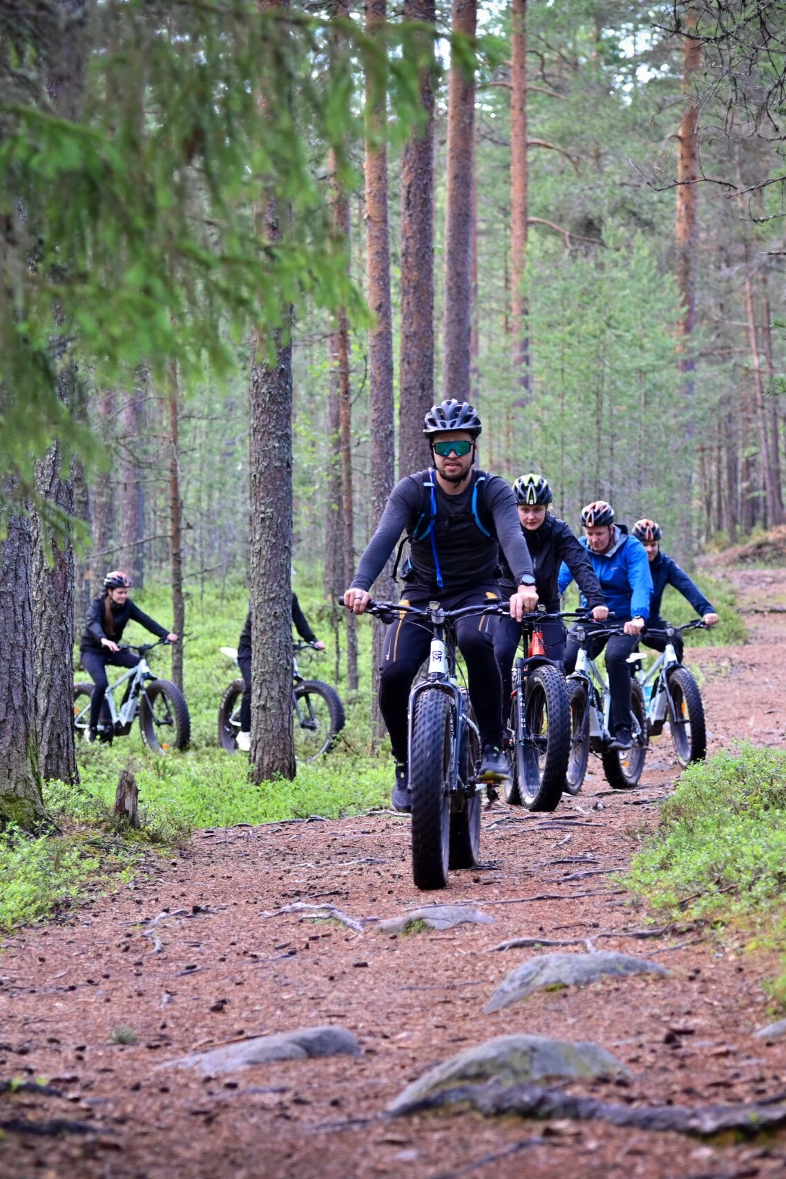 Ryhmä ihmisiä ajamassa sähköfatbikeilla metsäpolulla