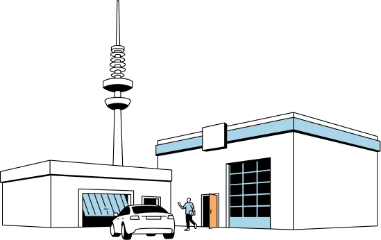 Illustration eines modernen Hauses mit Flachdach, einer Garage mit aufklappender Tür und einer Person, die zur Eingangstür geht.