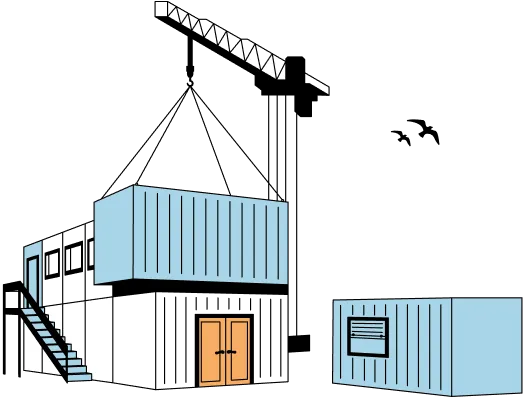 Illustration von drei modularen Containern, von denen einer mit einer Treppe verbunden ist, angebracht an einem Kran.