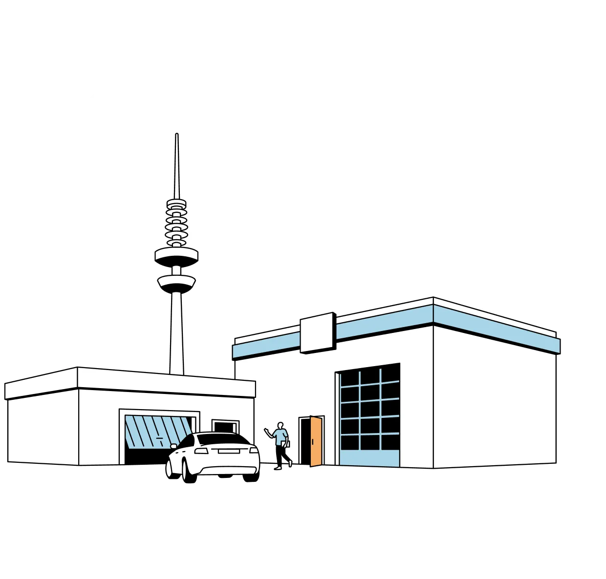 Illustration eines Gebäudekomplexes mit einem Auto, einer Person, die auf eine geöffnete Tür zuläuft, und einem hohen Fernsehturm im Hintergrund.