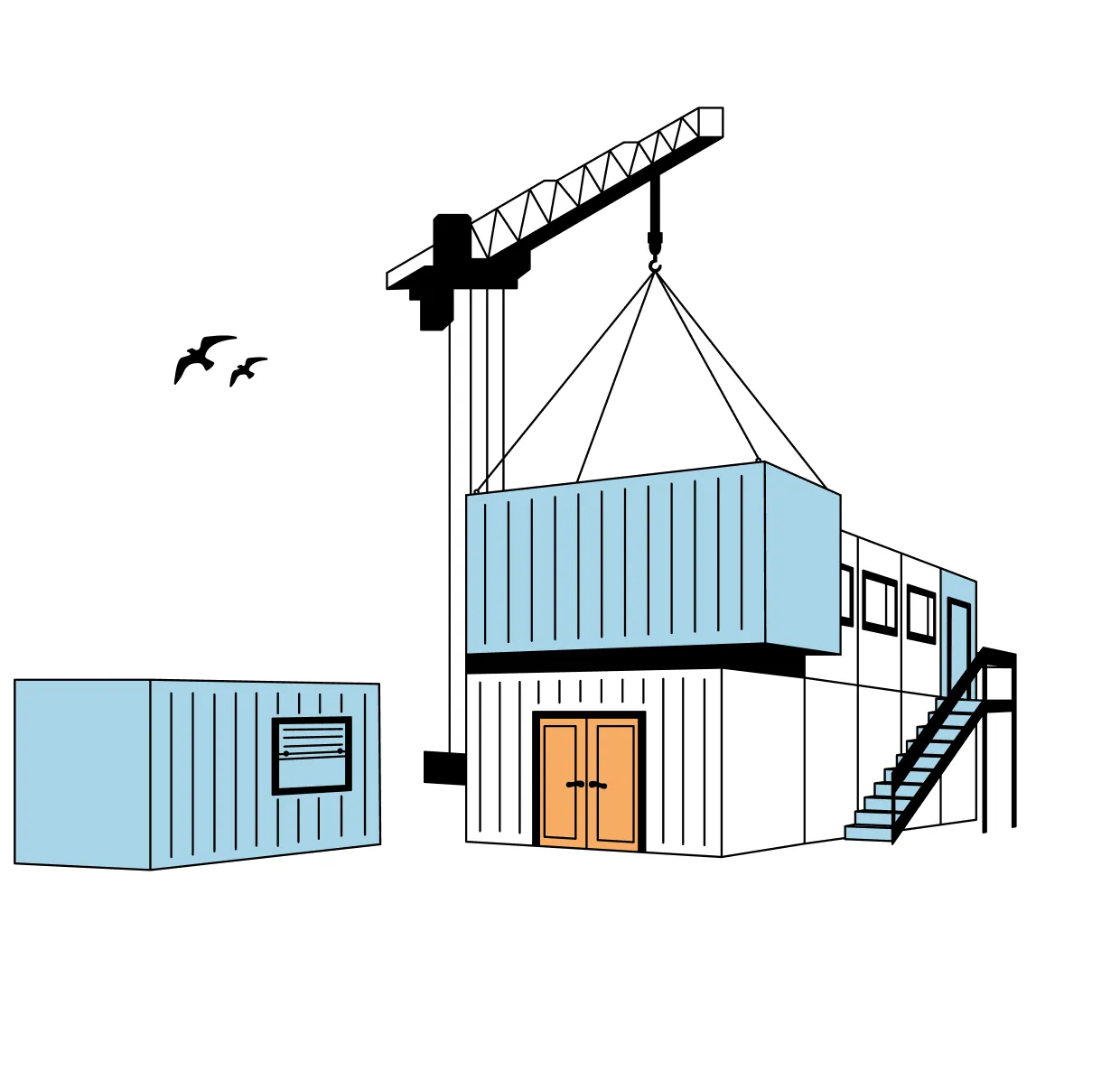 Baukran hebt einen blauen Container über einem weißen zweistöckigen Gebäude mit Treppe und orangefarbenen Türen, daneben ein weiterer blauer Container und zwei fliegende Vögel.