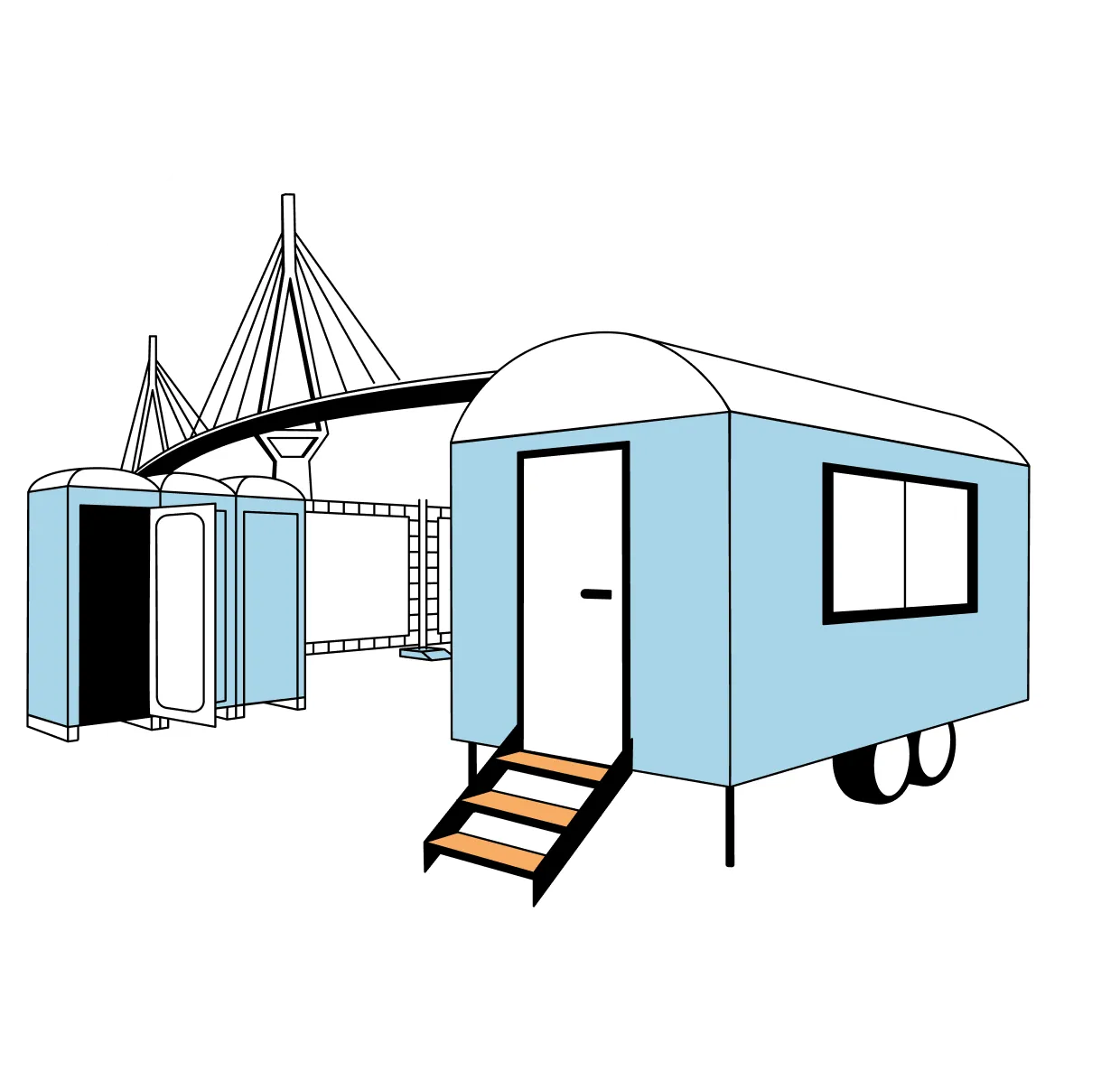 Illustration von einem hellblauen mobilen Trailers mit Eingangstreppe, zwei mobilen Toiletten und einer Hängebrücke im Hintergrund.