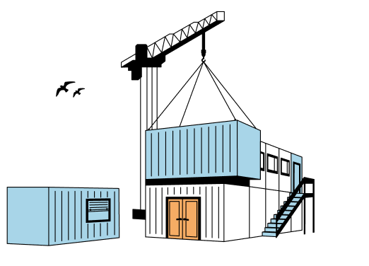 Illustration eines Baukrans, der einen blauen Container auf einem zweistöckigen Gebäude aus Containern hebt, mit einer Treppe und zwei Vögeln am Himmel.