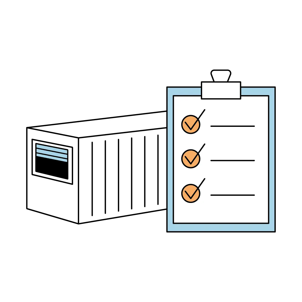 Ein Container neben einem Klemmbrett mit einer Checkliste mit drei abgehakten Punkten.