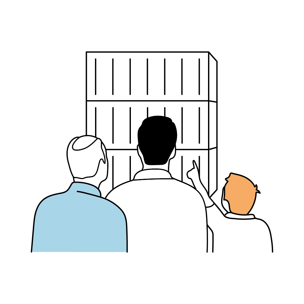 Drei Generationen von Personen, dargestellt als Kind, Erwachsener und älterer Mann, blicken auf ein Bücherregal.