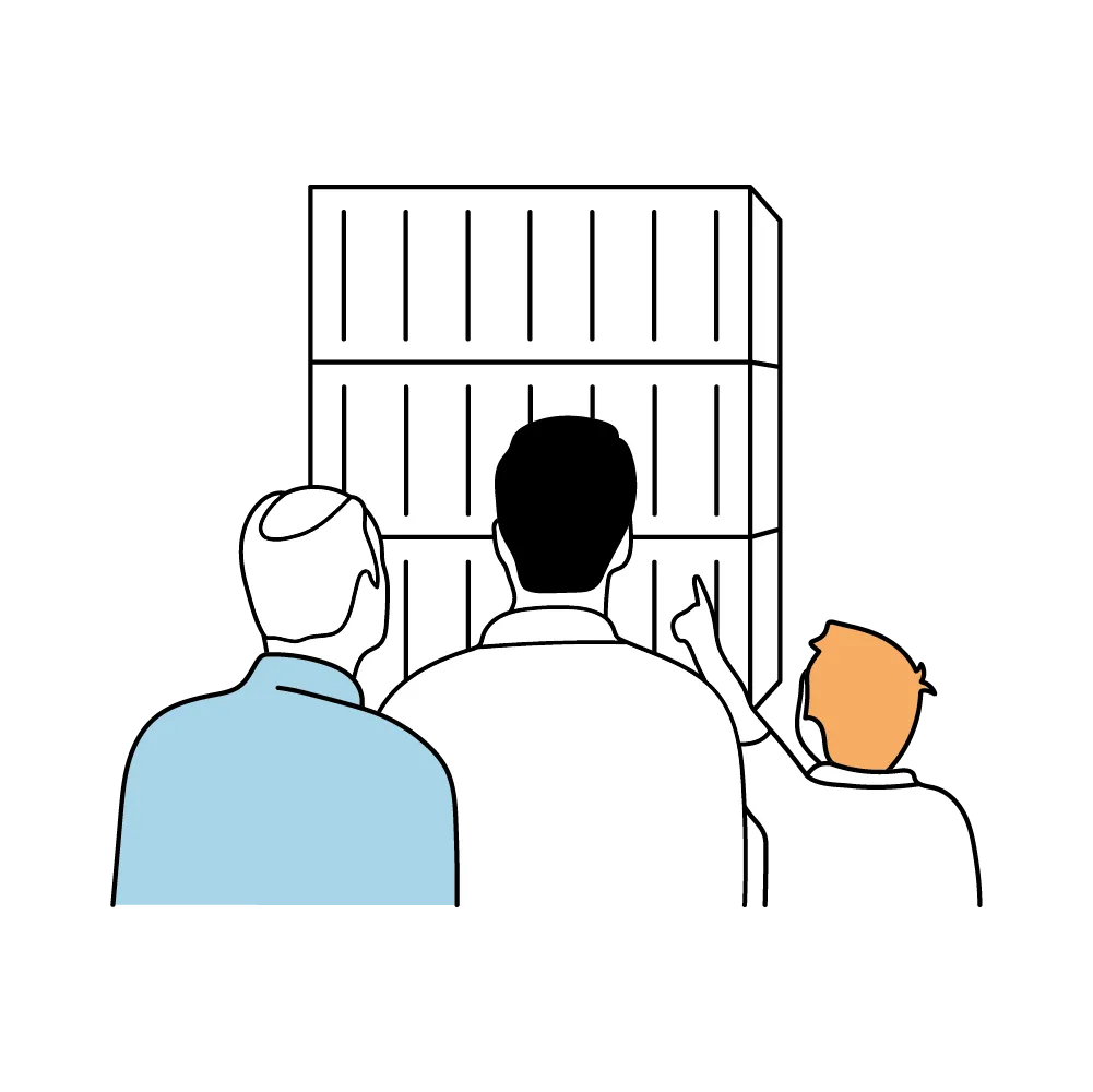 Drei Generationen von Personen, dargestellt als Kind, Erwachsener und älterer Mann, blicken auf ein Bücherregal.