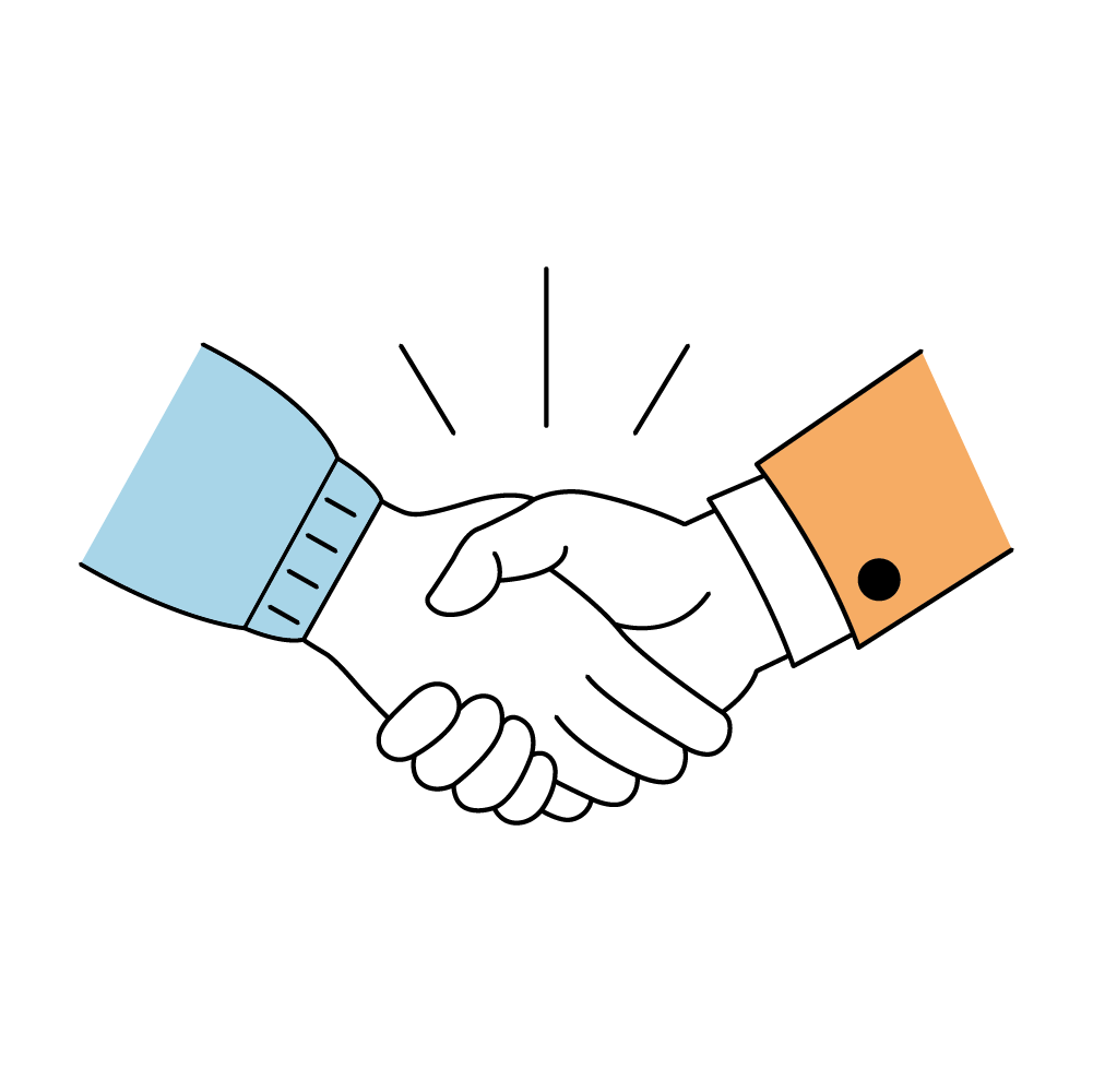 Zwei Hände geben sich die Hand zum Händedruck, eine mit blauem Ärmel, die andere mit orangefarbenem Ärmel.