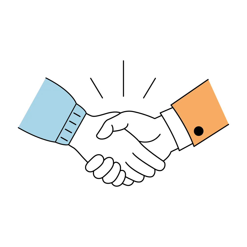 Zwei Hände geben sich die Hand zum Händedruck, eine mit blauem Ärmel, die andere mit orangefarbenem Ärmel.