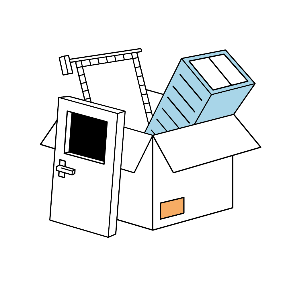 Eine geöffnete Kartonschachtel mit einer Filmrolle, einem Fernsehschirm und einer Tür, die herausragt.