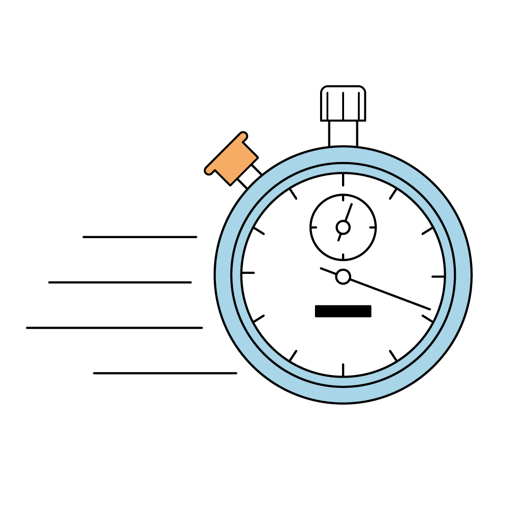 Stoppuhr mit blauer Umrandung und orangefarbenem Startknopf, stilisiert mit Bewegungslinien zur Darstellung von Schnelligkeit.