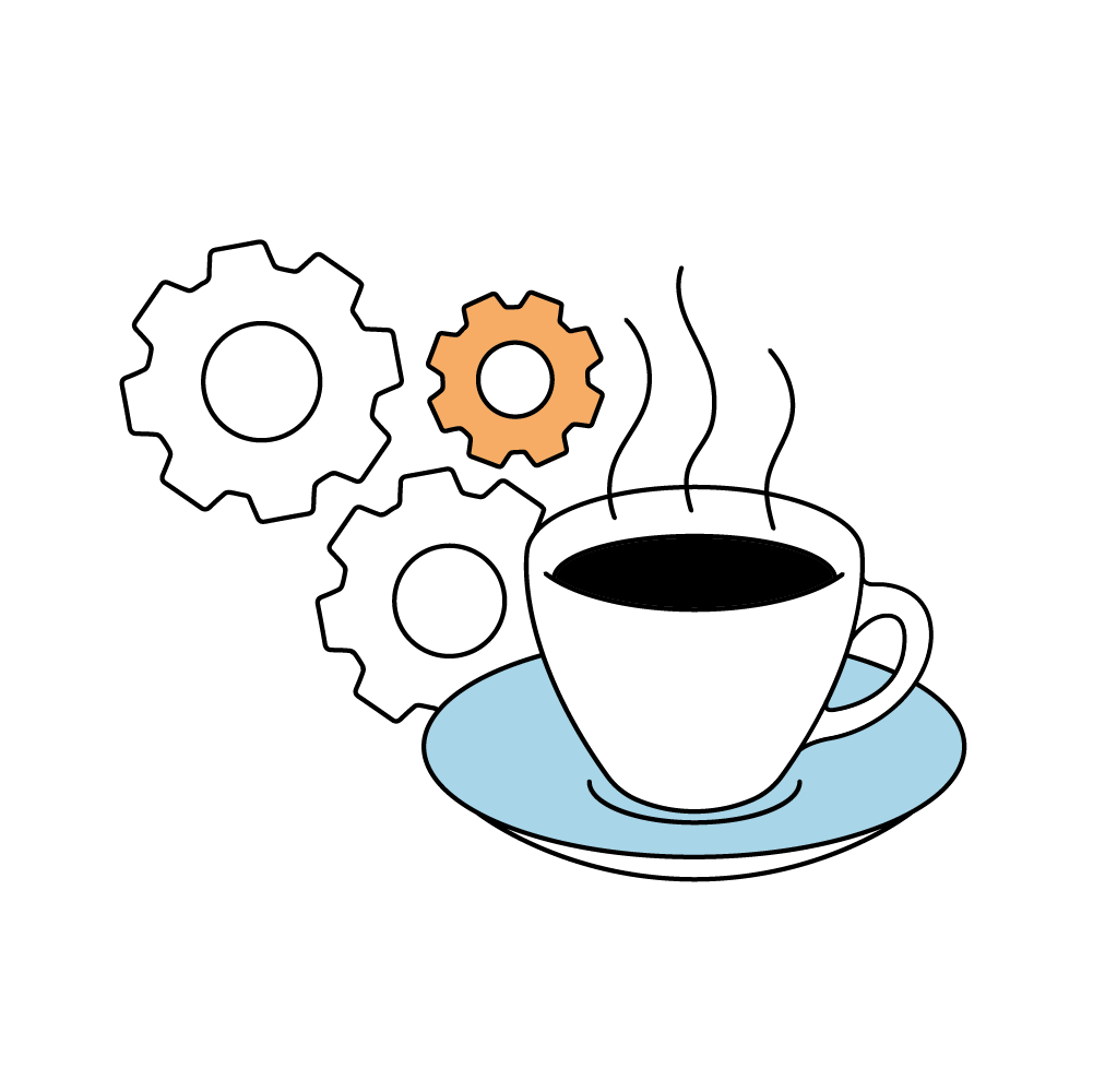 Eine dampfende Kaffeetasse auf Untertasse neben drei Zahnrädern, eines orangefarben, zwei weiß.