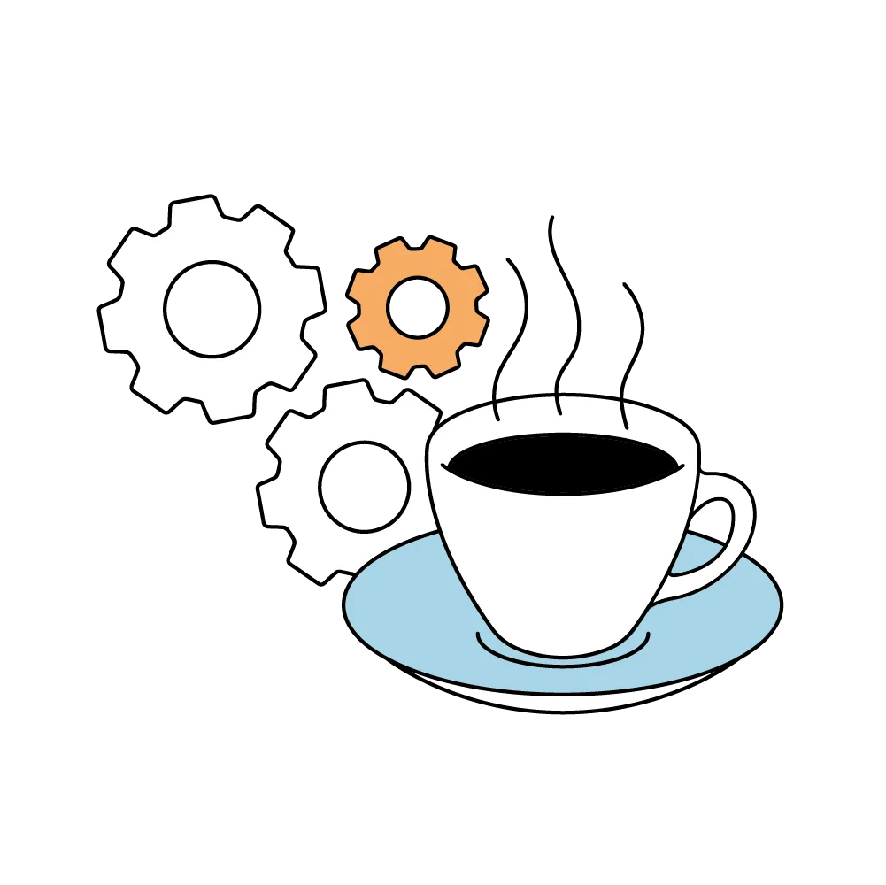 Eine dampfende Kaffeetasse auf Untertasse neben drei Zahnrädern, eines orangefarben, zwei weiß.
