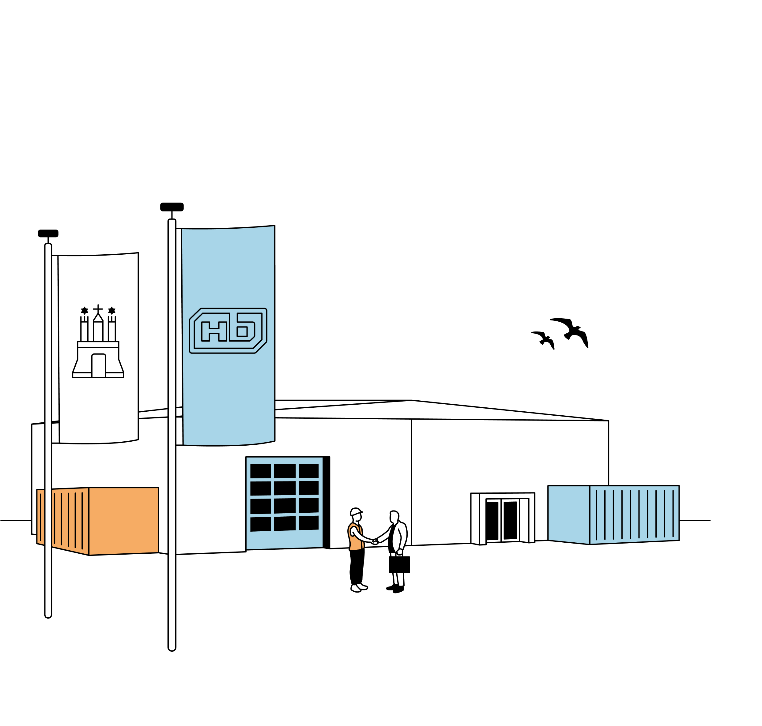 Illustration eines Gewerbegebäudes mit zwei Personen im Gespräch und zwei Flaggen, auf einer ist ein Firmenlogo.