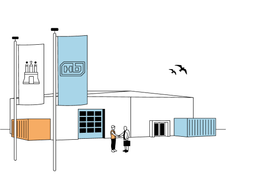 Illustration eines Firmengeländes mit zwei Flaggen, einem Gebäude, Containern und zwei Personen, die sich die Hand geben.