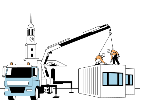 Illustration eines Krans, der zwei Arbeiter bei der Montage von vorgefertigten Baucontainern an einer Baustelle mit Kirchturm zeigt.