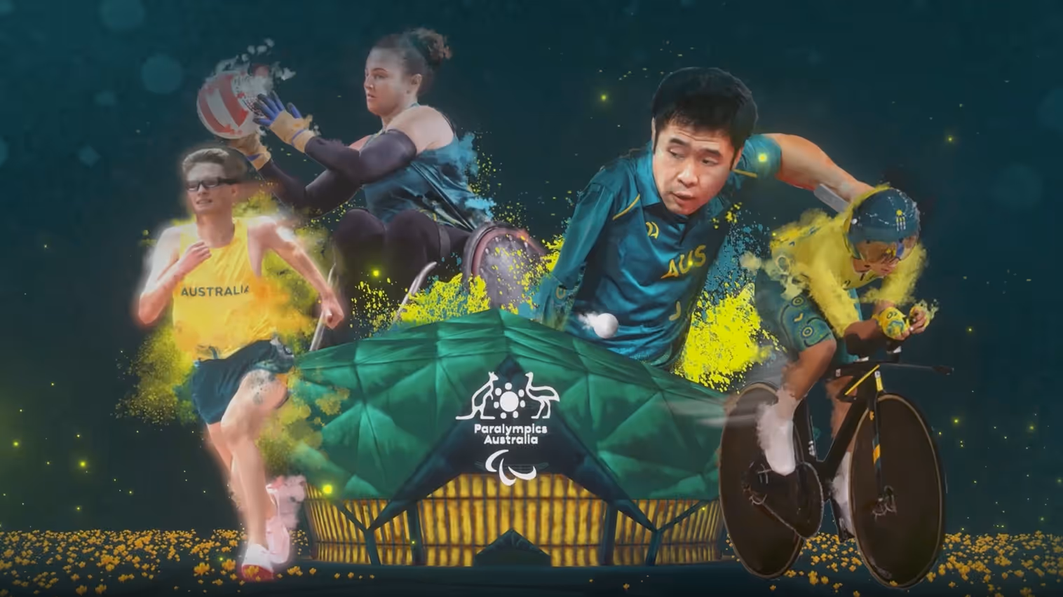 Four Australian Paralympic athletes competing in running, wheelchair rugby, table tennis, and cycling with a stadium and Paralympics Australia logo in the background.