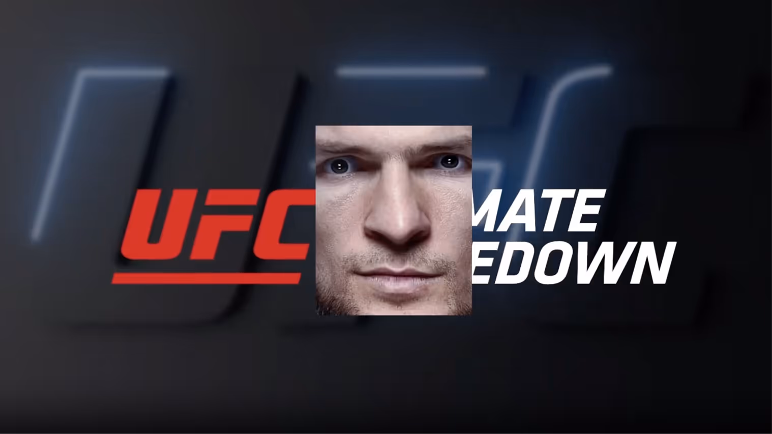 Close-up of a man's face with intense eyes over UFC Ultimate Showdown logo on dark background.