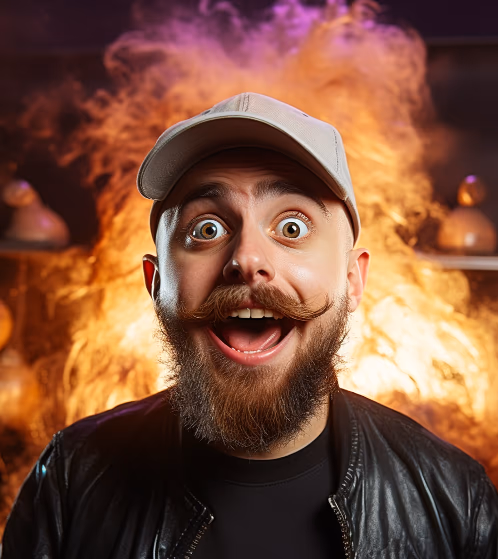 Smiling bearded man with a twirled mustache wearing a beige cap and black leather jacket, fiery background.