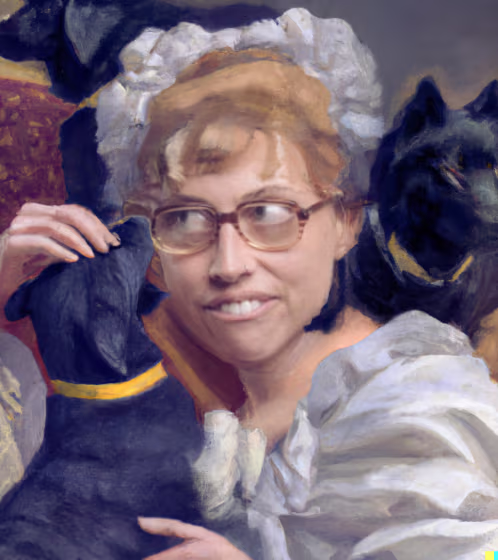 Woman with glasses and a white lace headpiece smiling while petting a small black dog wearing a yellow collar.