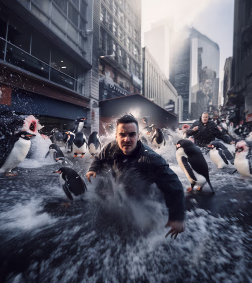 Man in black running urgently through a flooded city street surrounded by splashing water and numerous penguins.