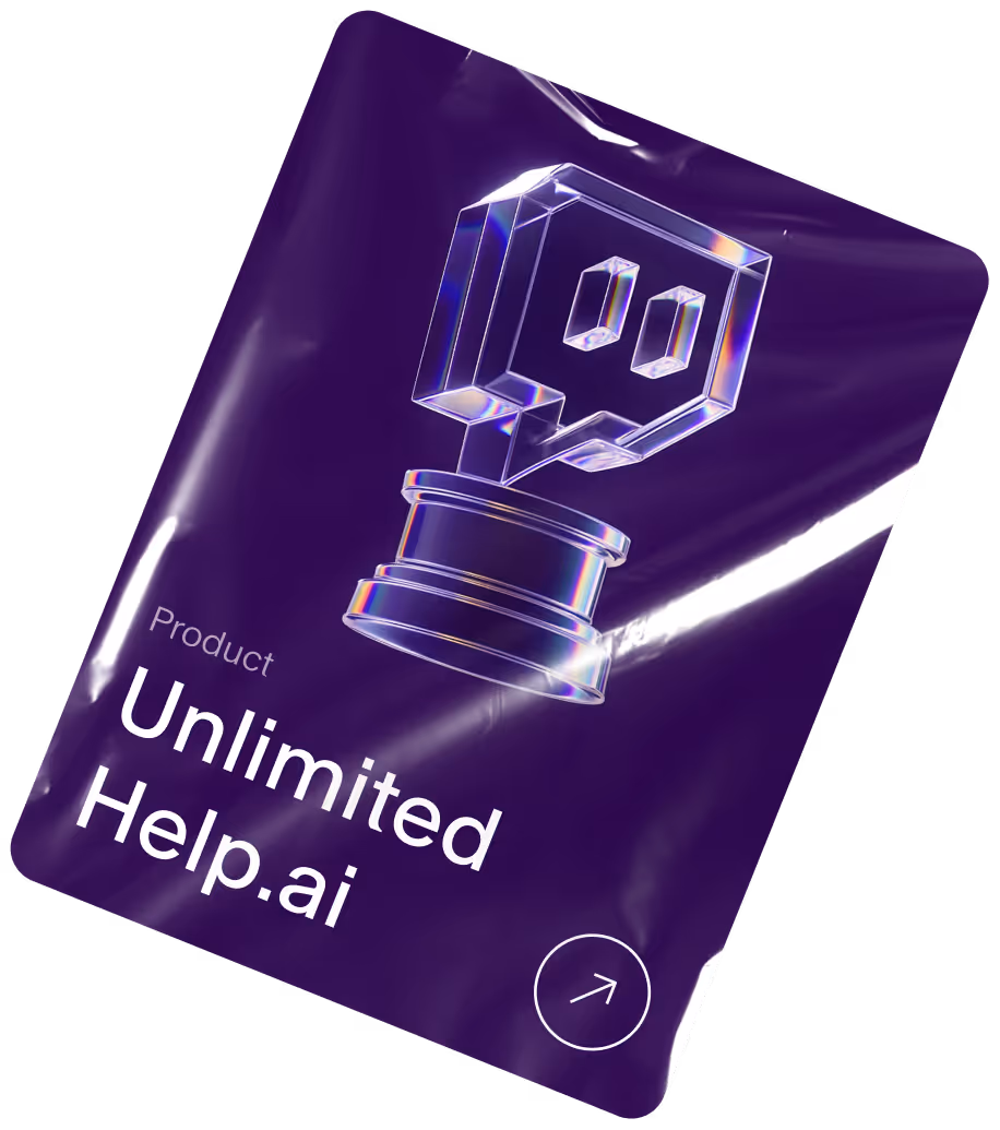 Purple card with a transparent 3D chatbot icon and text reading 'Product Unlimited Help.ai'.
