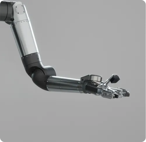 Close-up of a sleek, articulated robotic arm with a mechanical claw against a plain gray background.
