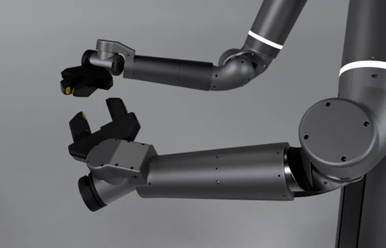 Close-up of two black robotic arms with claw-like grippers against a gray background.