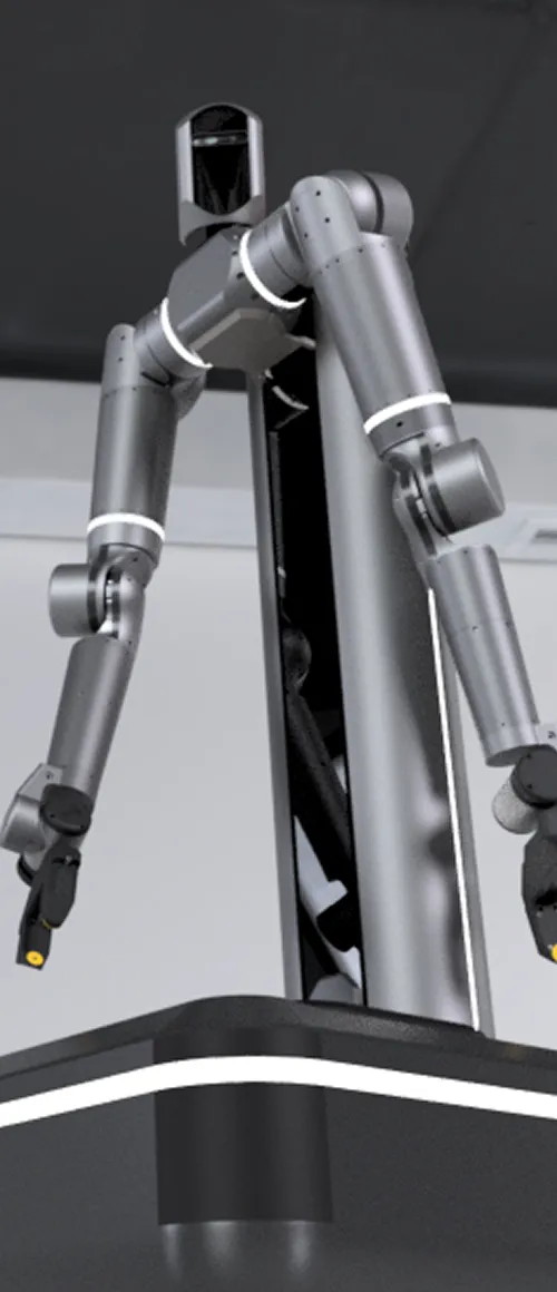 Metallic robot with two articulated arms and a black, rectangular head mounted on a tall rectangular base.