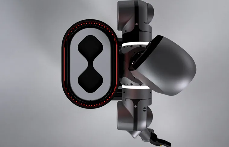 Top view of a sleek black robotic arm with a red LED-lit oval base and articulated joints on a gray background.