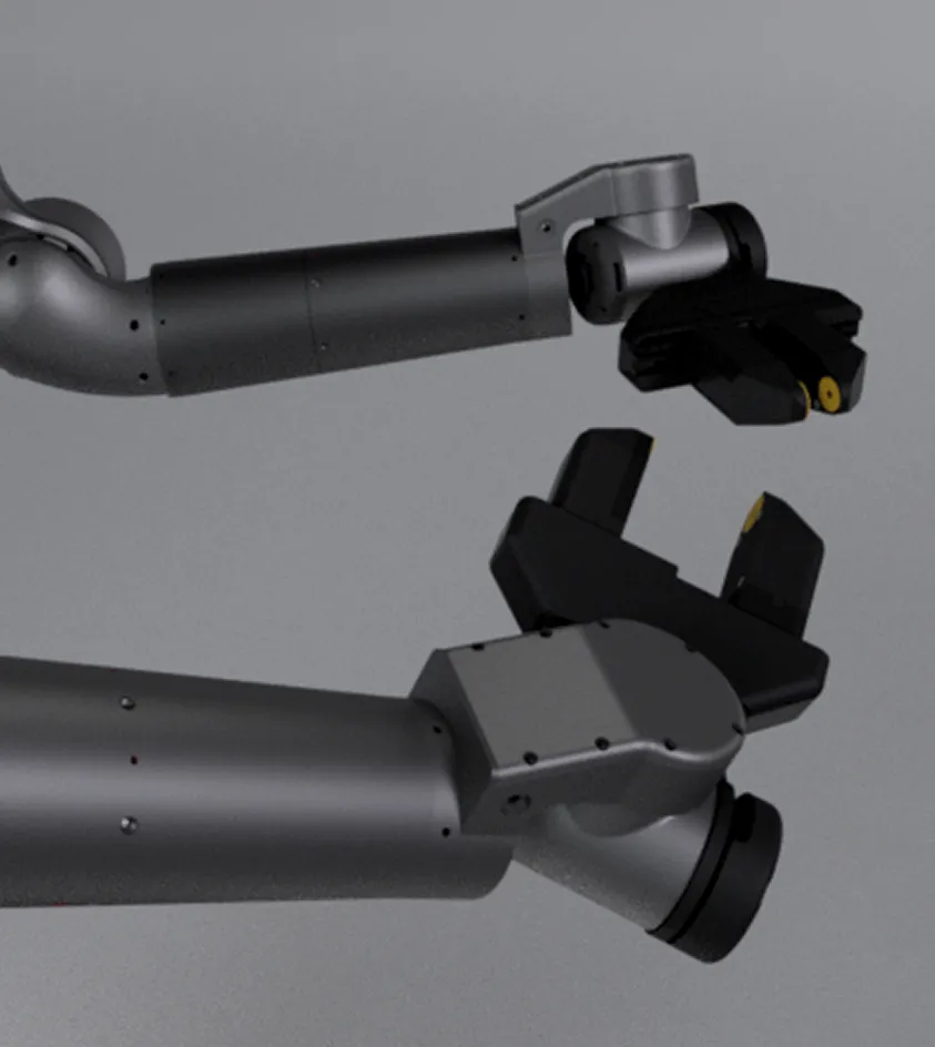 Close-up of two black robotic arms with gripper claws against a gray background.