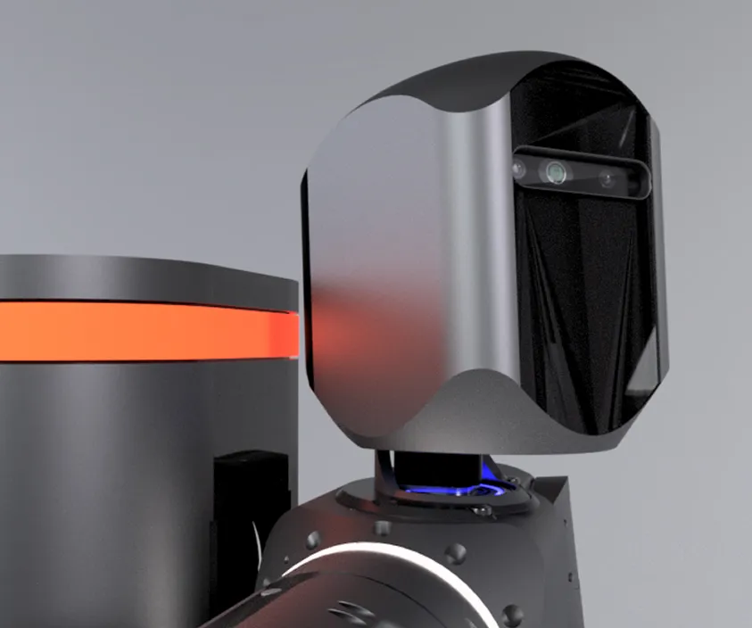 Close-up of a futuristic black robot head with a glossy front panel and embedded sensors beside a cylindrical object with an orange glowing band.