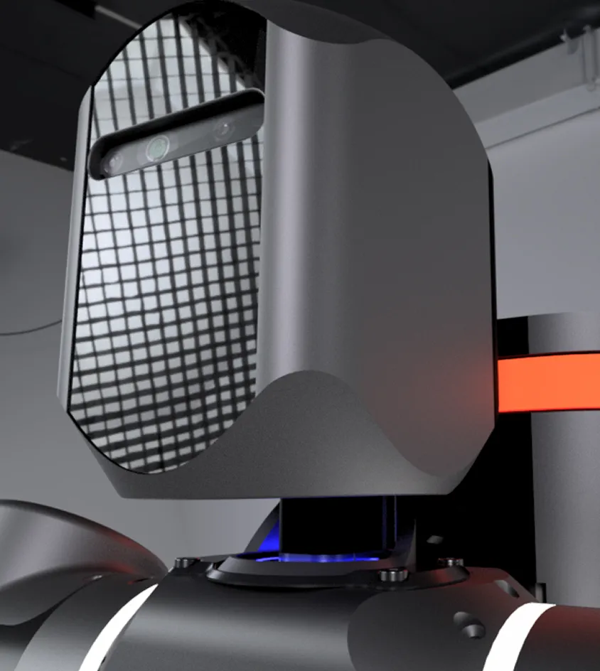 Close-up of a sleek black robot head with a rectangular reflective sensor area showing a grid pattern and a blue light beneath.