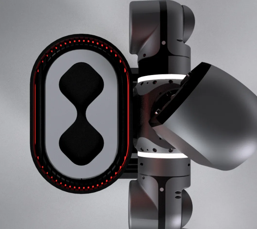 Top view of a sleek black robotic device with two wheels and a central component featuring red LED lights.