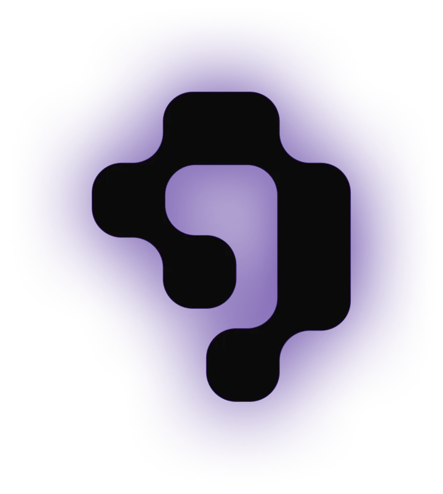 Abstract black geometric shape with rounded edges on a purple background.