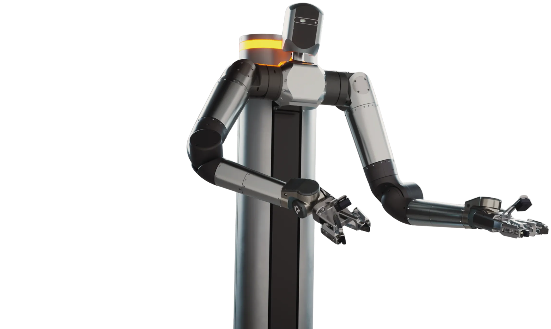 Humanoid robot with a black and silver body and extended mechanical arms with articulated hands.