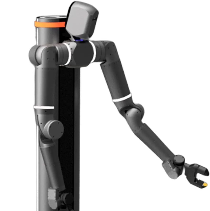 A sleek black robotic arm with multiple joints and a claw-like gripper holding a small yellow object.