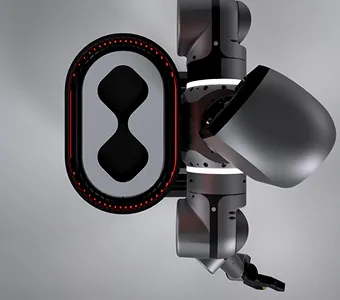 Close-up of a sleek black robotic arm with red LED lights and articulated joints.