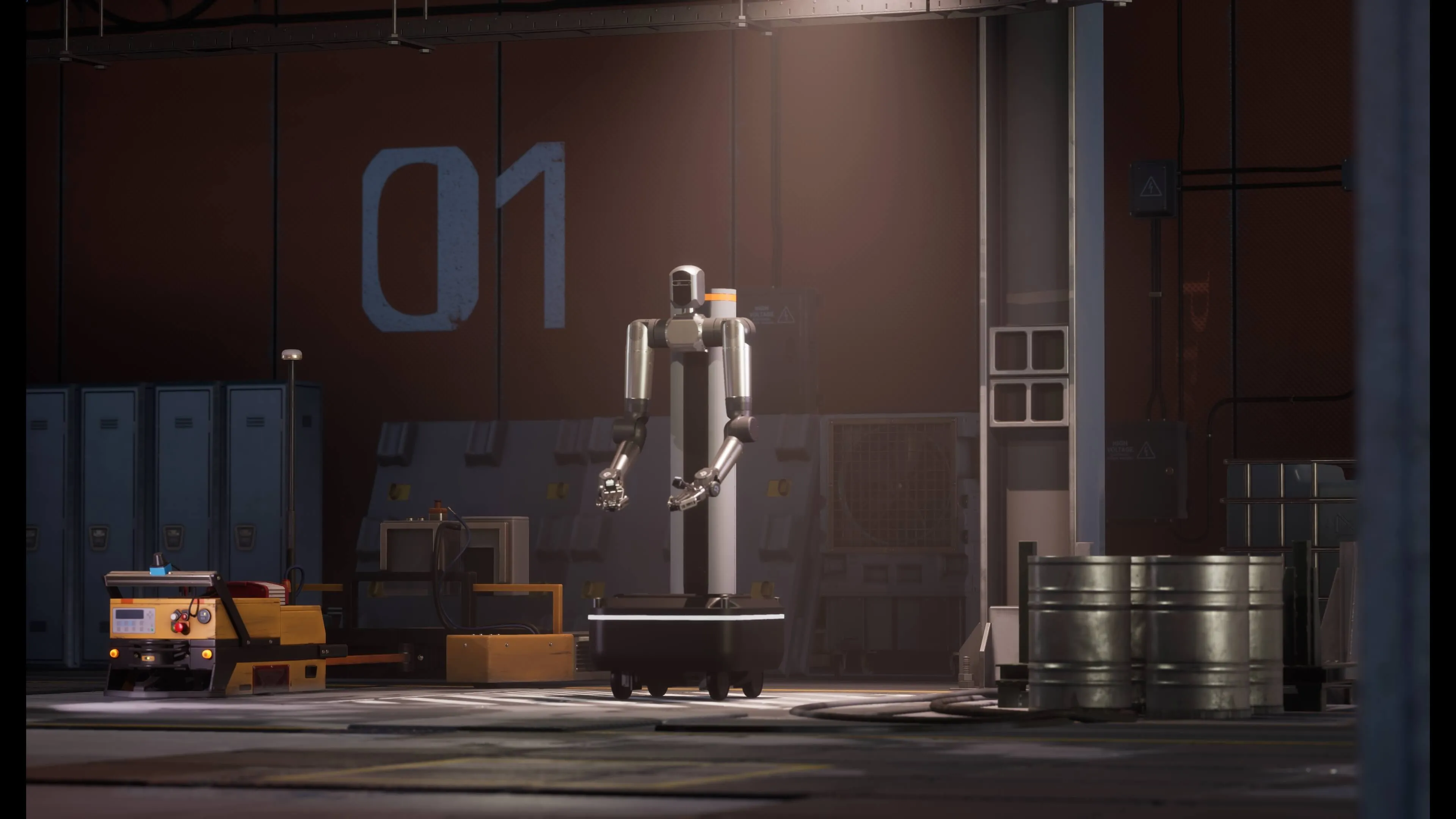 Industrial robot with two arms in a warehouse setting with barrels and lockers in the background.