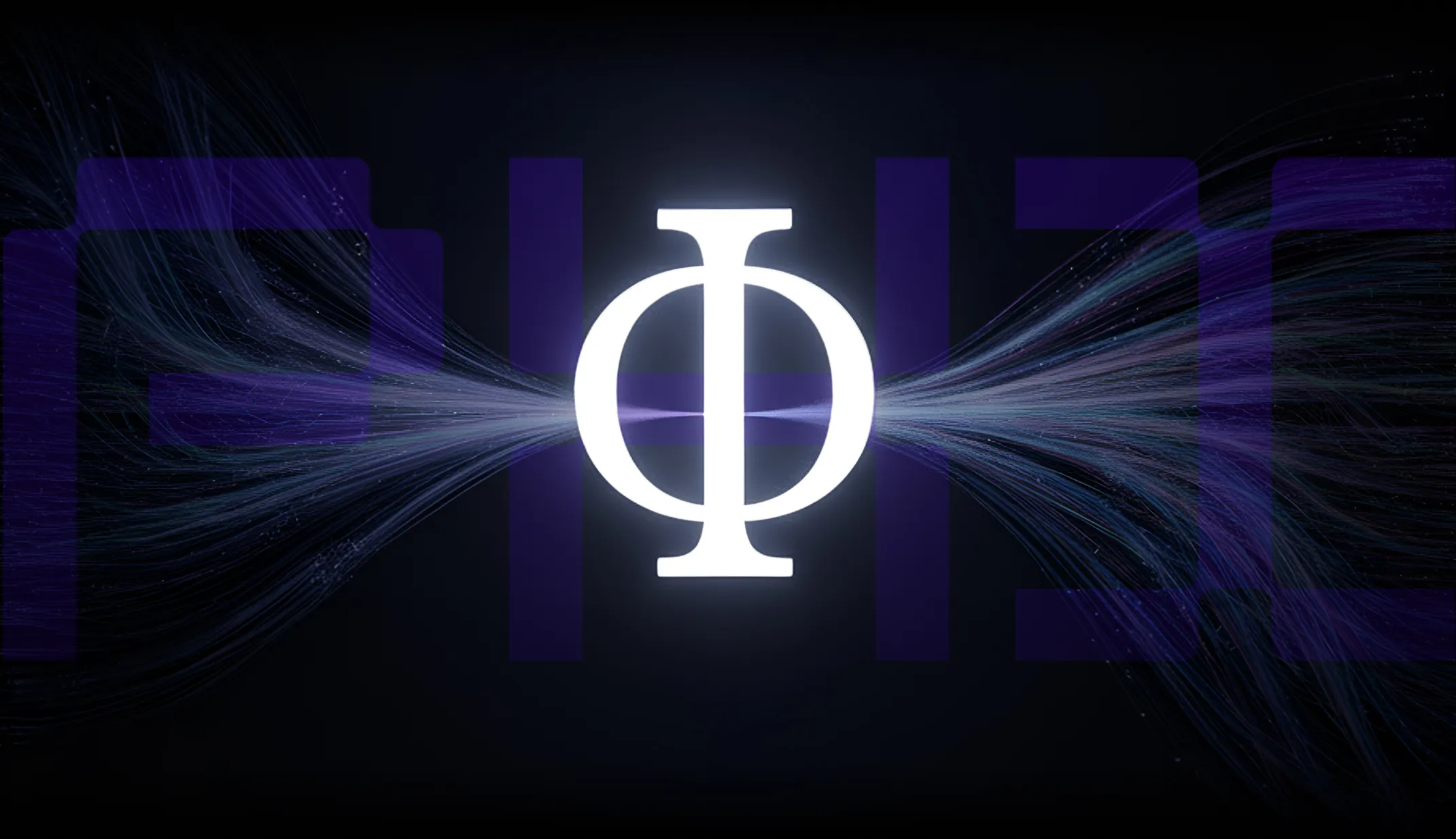 Glowing white Greek letter Phi symbol with flowing blue and purple light trails extending horizontally on a dark background.