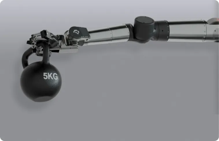 Robotic arm holding a 5KG kettlebell against a plain gray background.