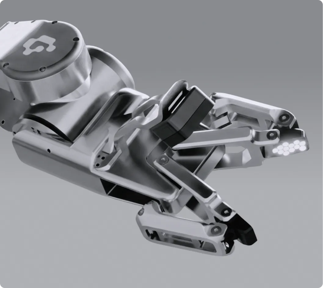 Close-up of a metallic robotic arm with articulated joints and LED lights on the tip against a gray background.