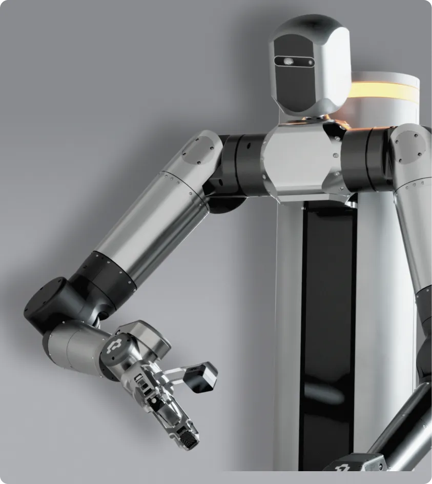 Silver and black humanoid robot with articulated arms and a rectangular head with a black faceplate.