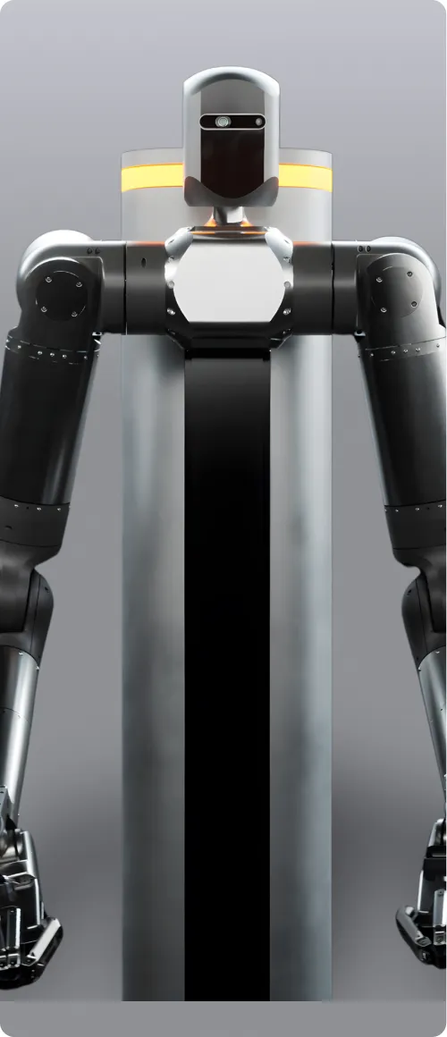 Front view of a modern humanoid robot with black and gray metallic arms and a digital face screen, standing against a gray background with a cylindrical structure featuring a yellow light band.