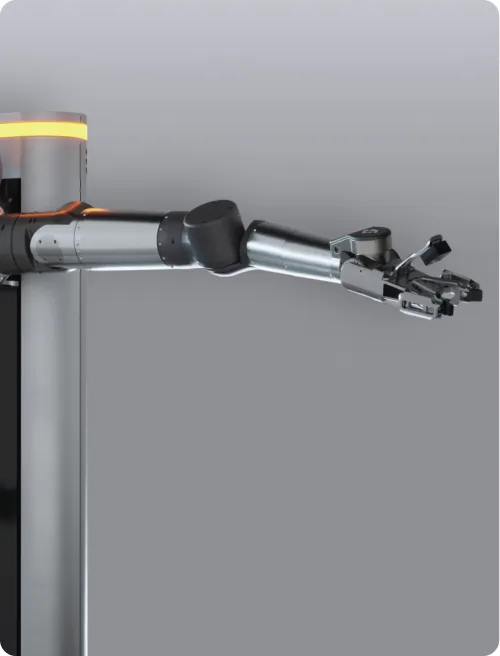 Close-up of a metallic robotic arm with a claw-like gripper against a gray background.