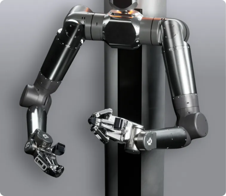 Metallic robotic arms with articulated joints and gripping hands against a gray and black background.