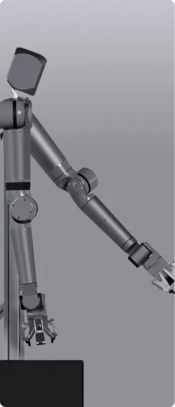 Side view of a gray robotic arm with a humanoid upper body against a gray background.