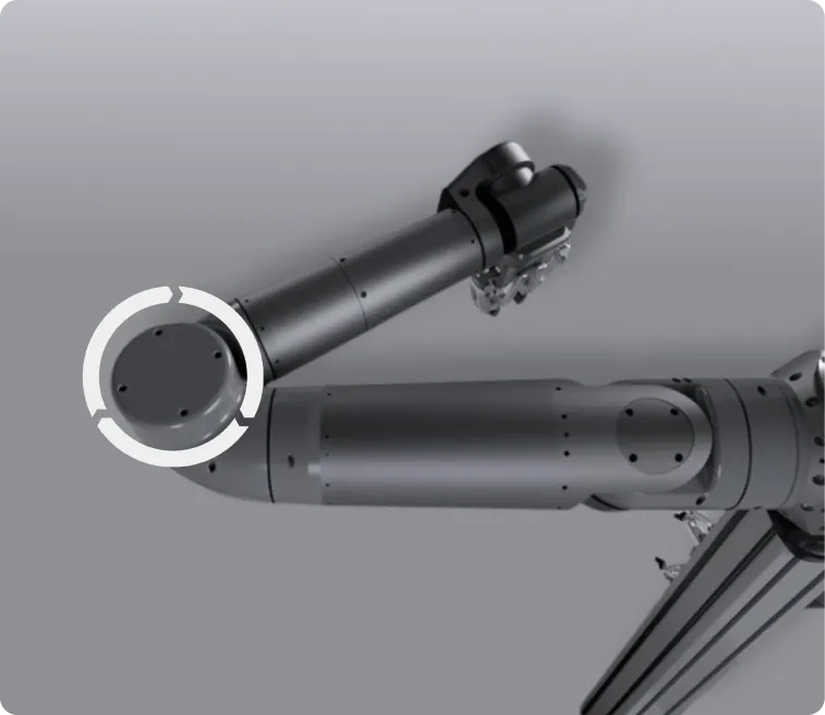 Close-up of a black robotic arm with joint details against a gray background.